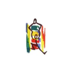 Logo coloré représentant deux personnages stylisés dessinés avec des traits noirs, l’un assis sur les épaules de l’autre, évoquant une figure d’acrobatie ou de porté circassien. Les personnages se détachent devant des touches de couleurs vives peintes à l