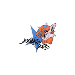 Logo coloré d’Acroballe Circus représentant une tête de lapin rose au style cartoon, coiffée d’un bonnet orange et bleu et portant un grand nœud papillon orange. Le personnage apparaît devant une grande étoile bleue. À gauche et sous l’illustration, le no